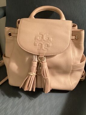 Tory Burch Soft Pink Drawstring Leather Backpack with Tassels